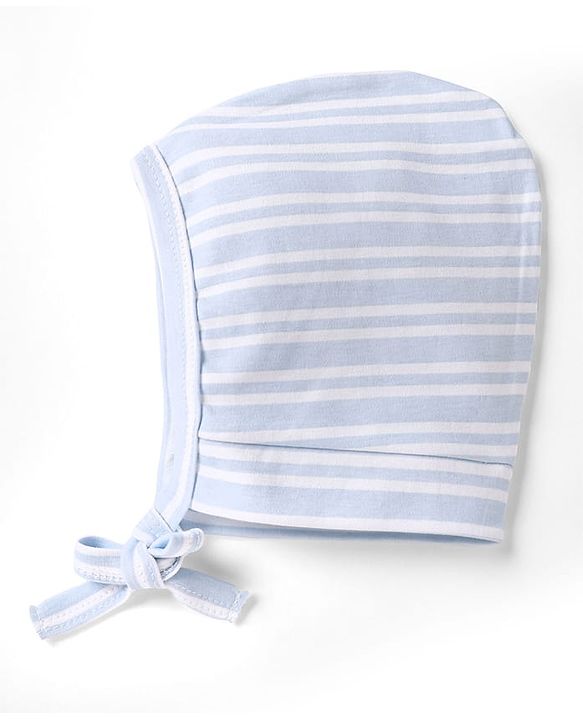 Babyhug 100% Cotton Interlock Knit Striped Baby Caps with Penguin in Boat Print Pack of 2 Blue & Light Pink - Diameter 9 cm