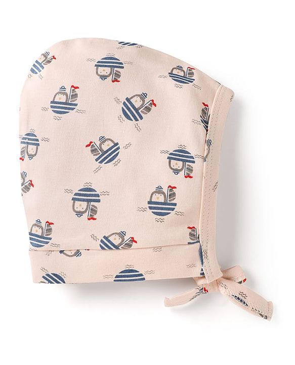Babyhug 100% Cotton Interlock Knit Striped Baby Caps with Penguin in Boat Print Pack of 2 Blue & Light Pink - Diameter 9 cm