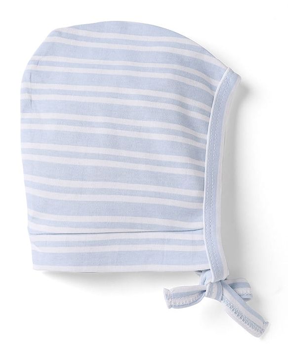 Babyhug 100% Cotton Interlock Knit Striped Baby Caps with Penguin in Boat Print Pack of 2 Blue & Light Pink - Diameter 9 cm