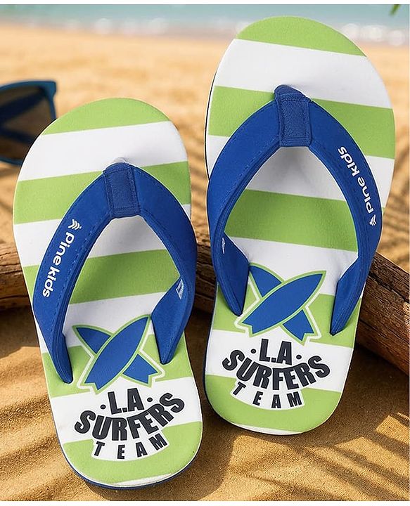 Pine Kids Slip On Striped Flip Flops With Text Print - Green