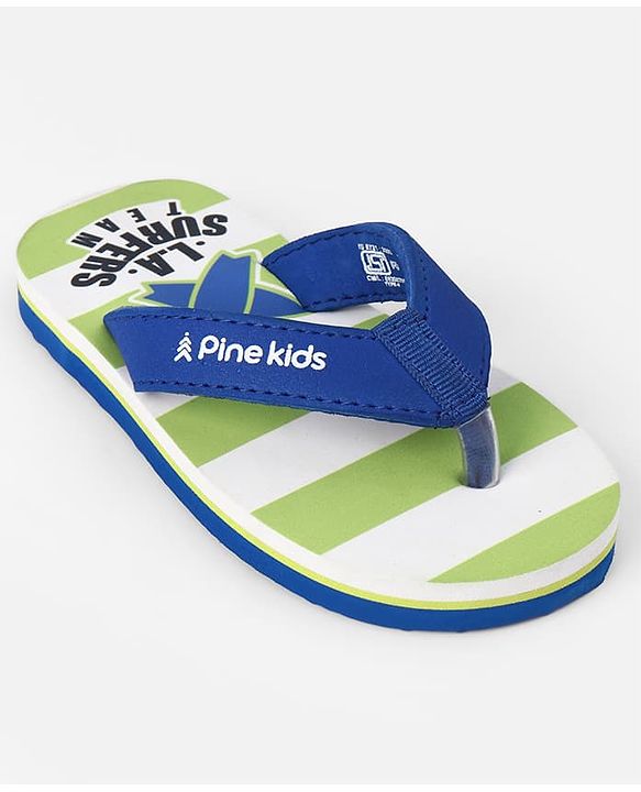 Pine Kids Slip On Striped Flip Flops With Text Print - Green