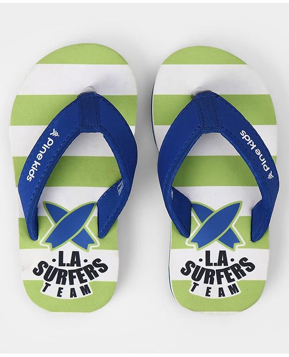 Pine Kids Slip On Striped Flip Flops With Text Print - Green