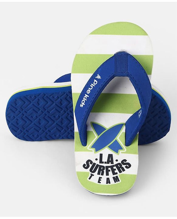 Pine Kids Slip On Striped Flip Flops With Text Print - Green