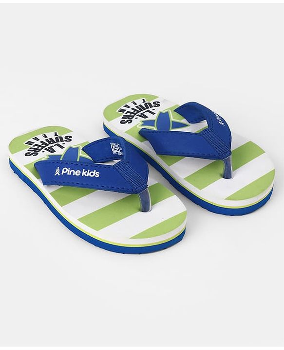 Pine Kids Slip On Striped Flip Flops With Text Print - Green