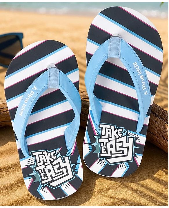 Pine Kids Slip On Striped Flip Flops With Text Print - Black