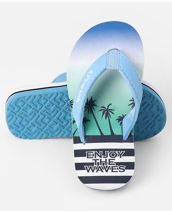 Pine Kids Slip On Striped Flip Flops With Text & Tropical Print - Blue