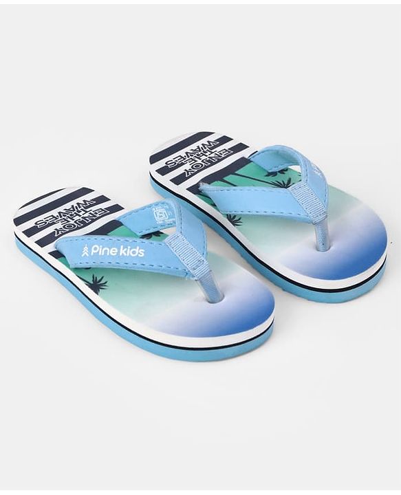 Pine Kids Slip On Striped Flip Flops With Text & Tropical Print - Blue
