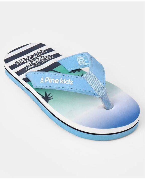 Pine Kids Slip On Striped Flip Flops With Text & Tropical Print - Blue