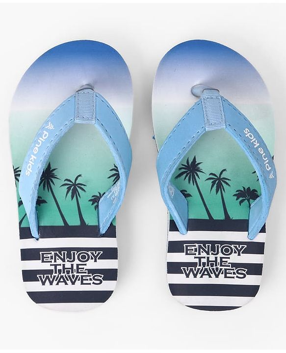 Pine Kids Slip On Striped Flip Flops With Text & Tropical Print - Blue