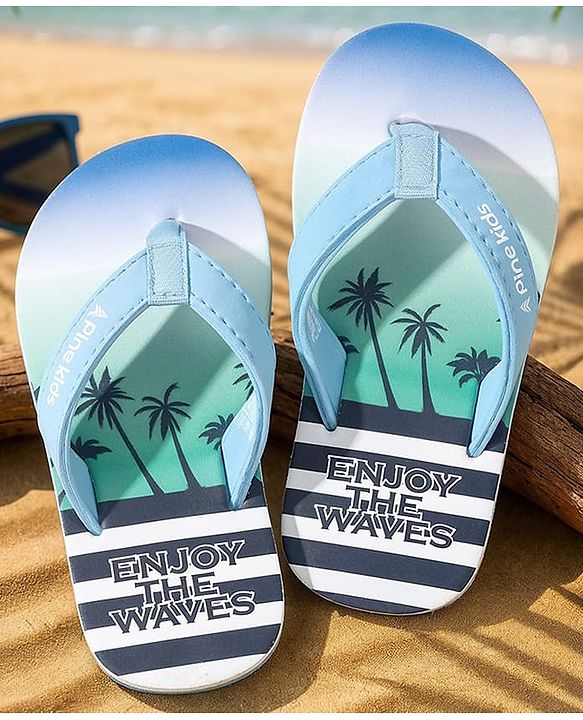 Pine Kids Slip On Striped Flip Flops With Text & Tropical Print - Blue