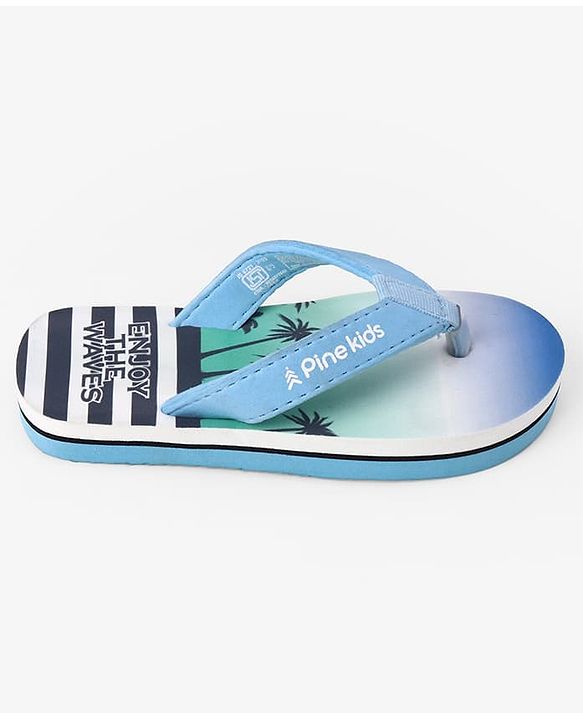 Pine Kids Slip On Striped Flip Flops With Text & Tropical Print - Blue