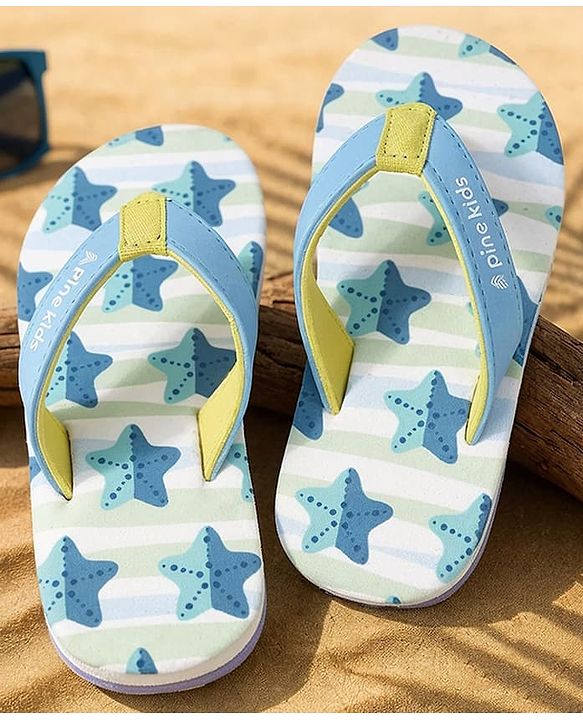 Pine Kids Slip On Striped Flip Flops With Text & Star Print - Blue