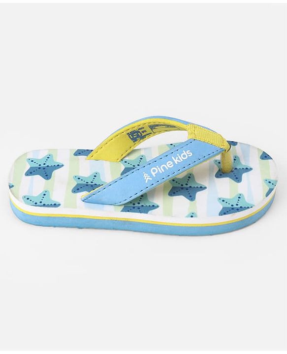 Pine Kids Slip On Striped Flip Flops With Text & Star Print - Blue