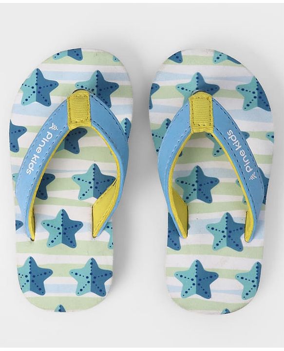 Pine Kids Slip On Striped Flip Flops With Text & Star Print - Blue