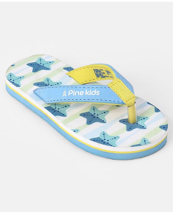 Pine Kids Slip On Striped Flip Flops With Text & Star Print - Blue