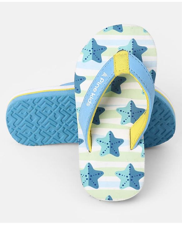 Pine Kids Slip On Striped Flip Flops With Text & Star Print - Blue