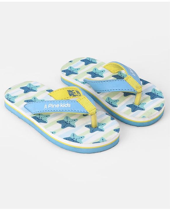 Pine Kids Slip On Striped Flip Flops With Text & Star Print - Blue