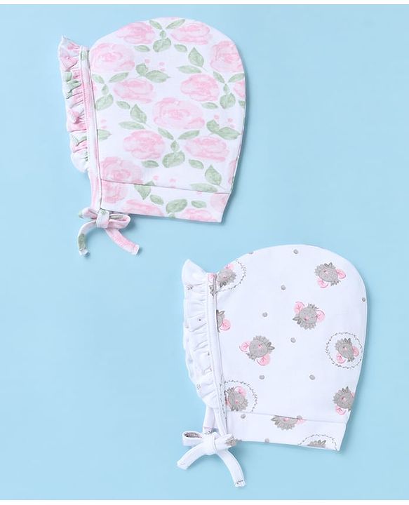 Babyhug 100% Cotton Interlock Knit Caps With Animal & Floral Print Pack of 2 White - Diameter 14 cm
