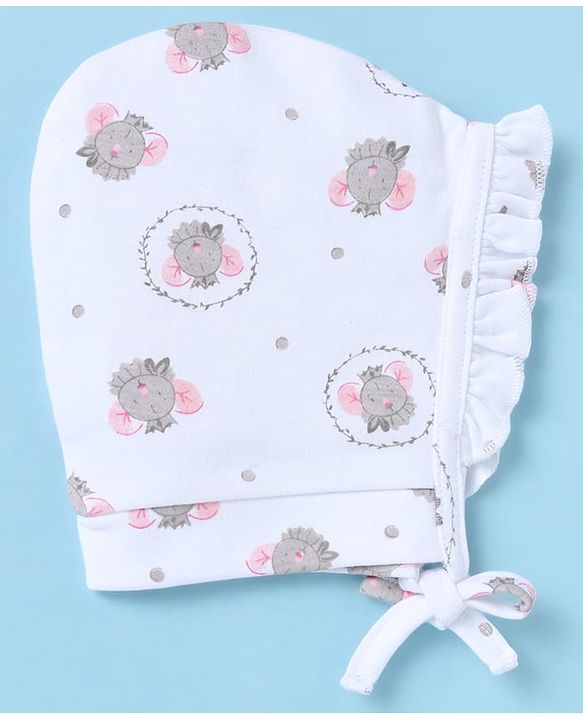 Babyhug 100% Cotton Interlock Knit Caps With Animal & Floral Print Pack of 2 White - Diameter 14 cm