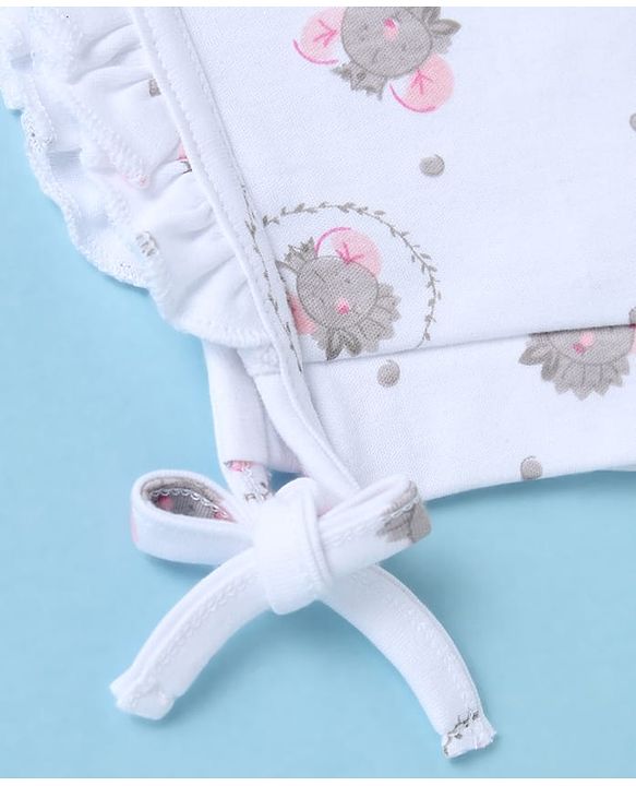 Babyhug 100% Cotton Interlock Knit Caps With Animal & Floral Print Pack of 2 White - Diameter 14 cm