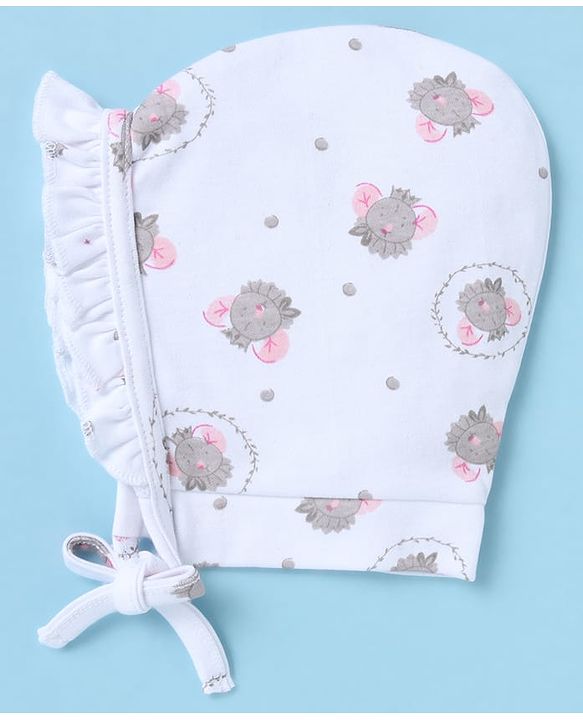 Babyhug 100% Cotton Interlock Knit Caps With Animal & Floral Print Pack of 2 White - Diameter 14 cm