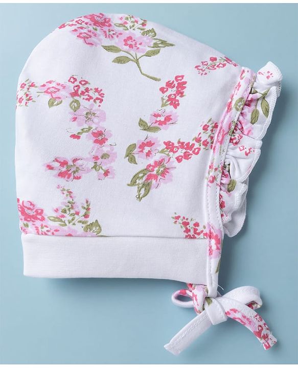 Babyhug 100% Cotton Interlock Knit Baby Caps With Polka Dot & Floral Print Pack of 2 Pink White - Diameter 22 cm