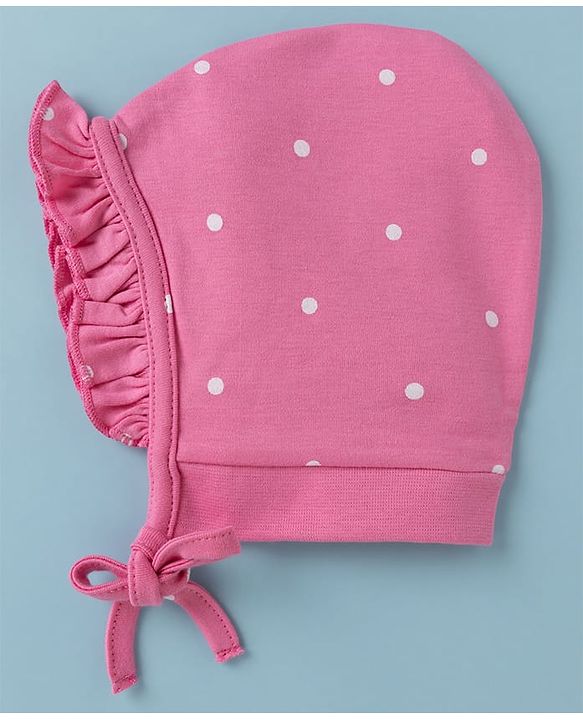 Babyhug 100% Cotton Interlock Knit Baby Caps With Polka Dot & Floral Print Pack of 2 Pink White - Diameter 22 cm
