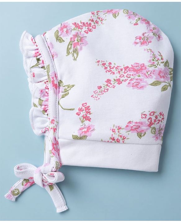Babyhug 100% Cotton Interlock Knit Baby Caps With Polka Dot & Floral Print Pack of 2 Pink White - Diameter 22 cm