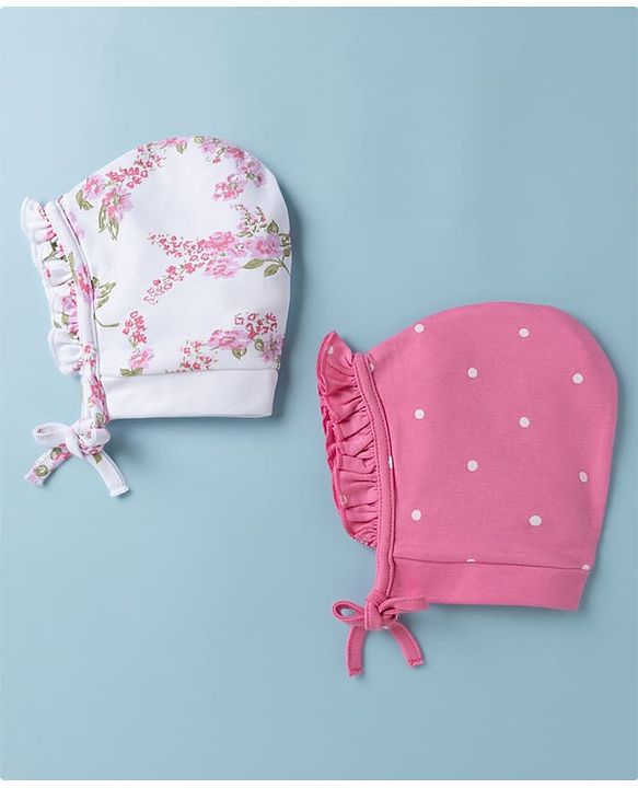 Babyhug 100% Cotton Interlock Knit Baby Caps With Polka Dot & Floral Print Pack of 2 Pink White - Diameter 22 cm
