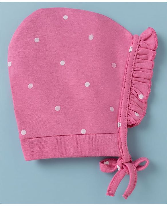 Babyhug 100% Cotton Interlock Knit Baby Caps With Polka Dot & Floral Print Pack of 2 Pink White - Diameter 22 cm