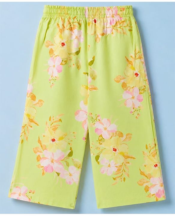 Pine Kids Cotton Woven Half Sleeves Floral Printed Top & Pant Set - Lemon Yellow