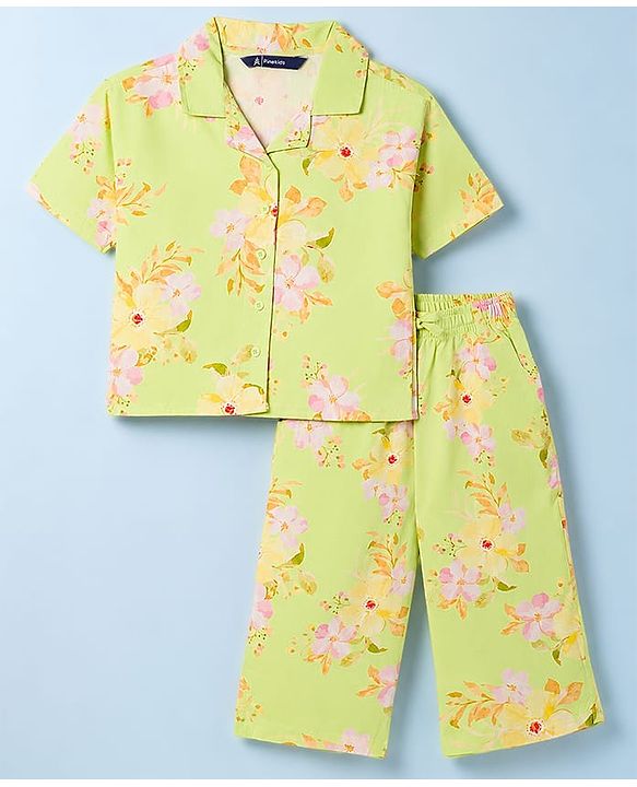 Pine Kids Cotton Woven Half Sleeves Floral Printed Top & Pant Set - Lemon Yellow