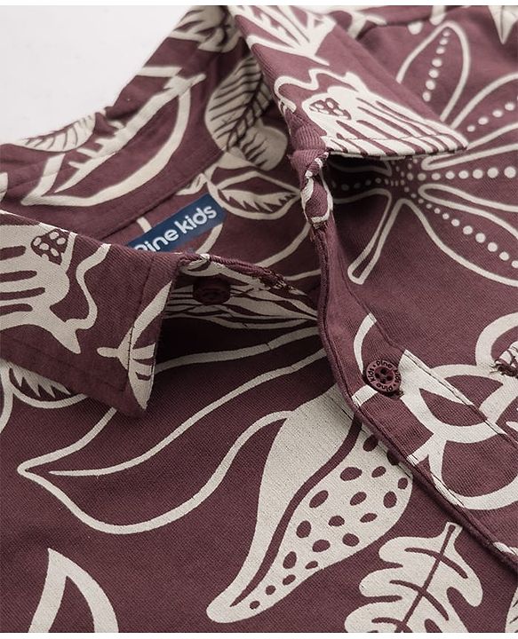 Pine Kids Cotton Knit Half Sleeves Shirt & Bottom Set with Floral Print - Brown