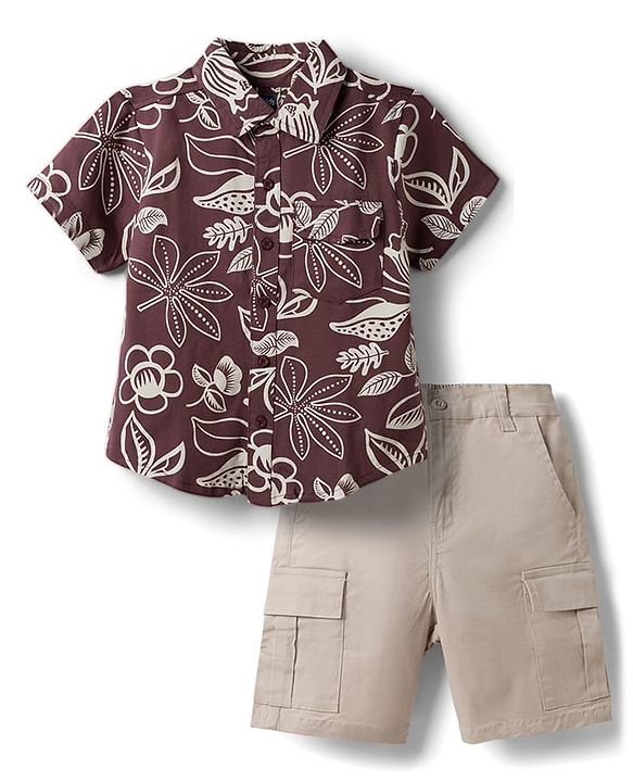Pine Kids Cotton Knit Half Sleeves Shirt & Bottom Set with Floral Print - Brown