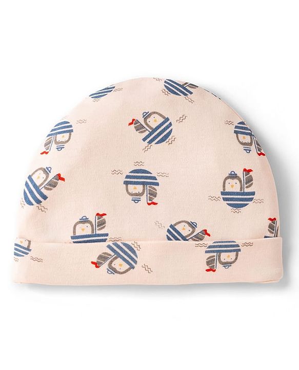 Babyhug 100% Cotton Interlock Knit Cap , Mittens & Booties with Penguin in Boat Print Light Pink - Diameter 8 cm