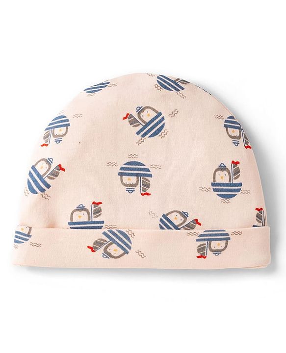 Babyhug 100% Cotton Interlock Knit Cap , Mittens & Booties with Penguin in Boat Print Light Pink - Diameter 8 cm