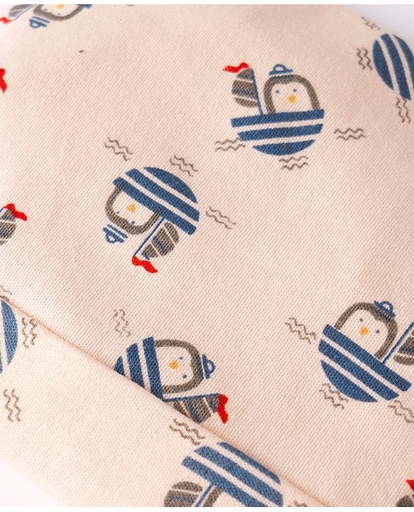 Babyhug 100% Cotton Interlock Knit Cap , Mittens & Booties with Penguin in Boat Print Light Pink - Diameter 8 cm