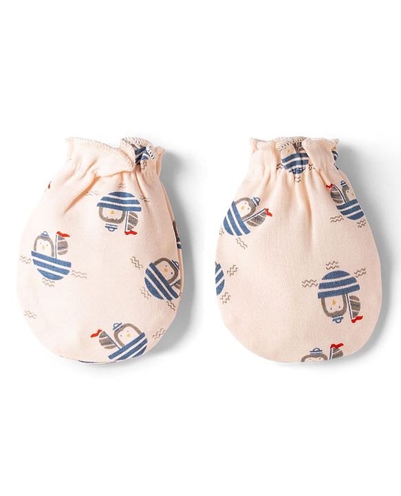 Babyhug 100% Cotton Interlock Knit Cap , Mittens & Booties with Penguin in Boat Print Light Pink - Diameter 8 cm