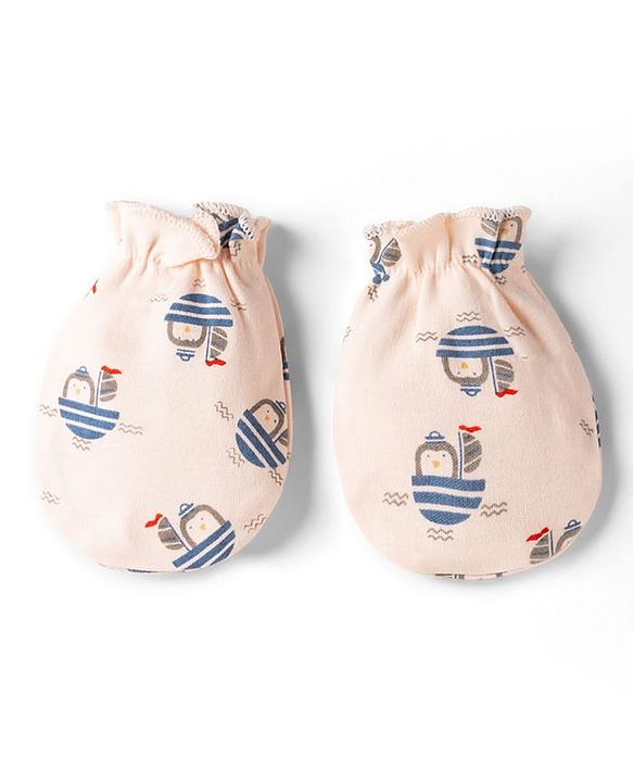 Babyhug 100% Cotton Interlock Knit Cap , Mittens & Booties with Penguin in Boat Print Light Pink - Diameter 8 cm