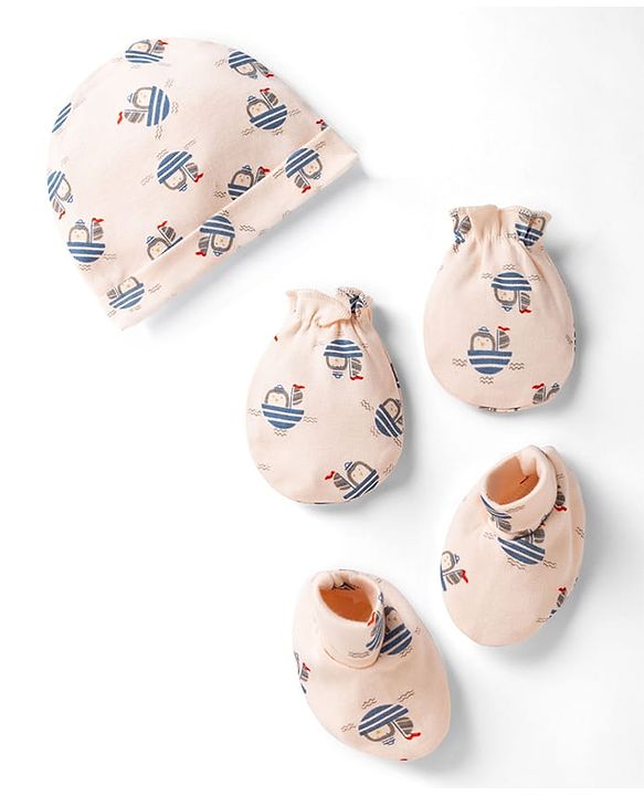 Babyhug 100% Cotton Interlock Knit Cap , Mittens & Booties with Penguin in Boat Print Light Pink - Diameter 8 cm