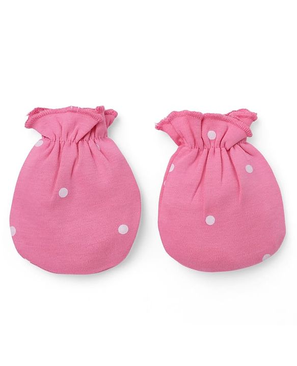 Babyhug 100% Cotton Interlock Knit Polka Dot Printed Cap Mittens & Booties Set Pink Diameter - 10 cm