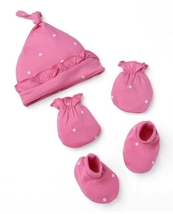 Babyhug 100% Cotton Interlock Knit Polka Dot Printed Cap Mittens & Booties Set Pink Diameter - 10 cm