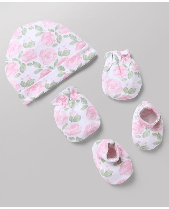 Babyhug 100% Cotton Interlock Knit Floral Printed Cap Mittens & Booties Set White - Diameter 11 Cm