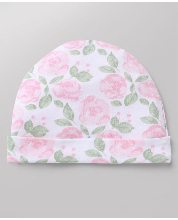Babyhug 100% Cotton Interlock Knit Floral Printed Cap Mittens & Booties Set White - Diameter 11 Cm