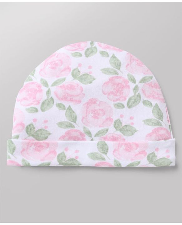 Babyhug 100% Cotton Interlock Knit Floral Printed Cap Mittens & Booties Set White - Diameter 11 Cm