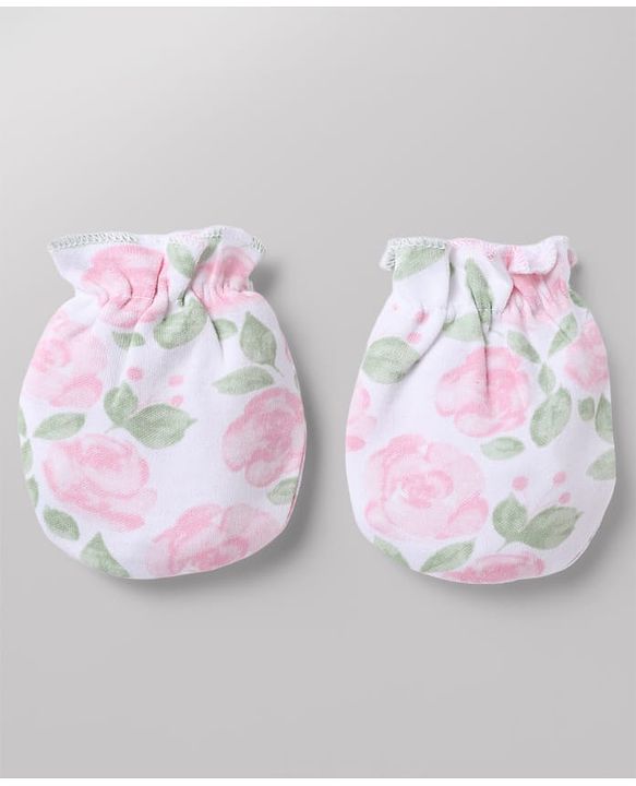 Babyhug 100% Cotton Interlock Knit Floral Printed Cap Mittens & Booties Set White - Diameter 11 Cm