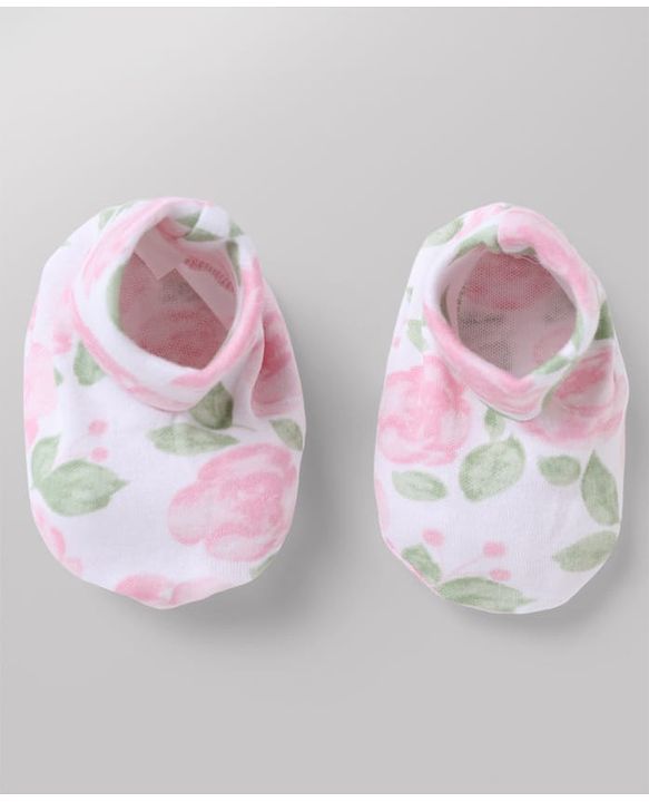 Babyhug 100% Cotton Interlock Knit Floral Printed Cap Mittens & Booties Set White - Diameter 11 Cm