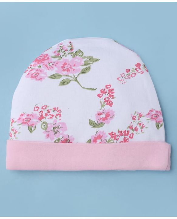Babyhug 100% Cotton Interlock Knit Floral Printed Cap Mittens & Booties Set White Diameter - 16 cm