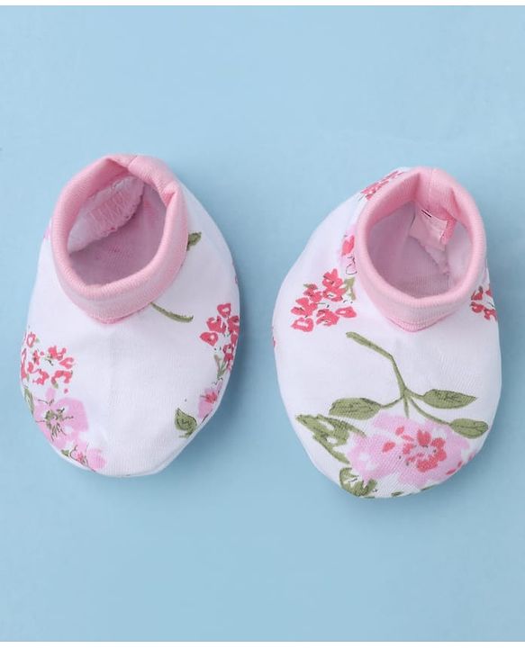 Babyhug 100% Cotton Interlock Knit Floral Printed Cap Mittens & Booties Set White Diameter - 16 cm