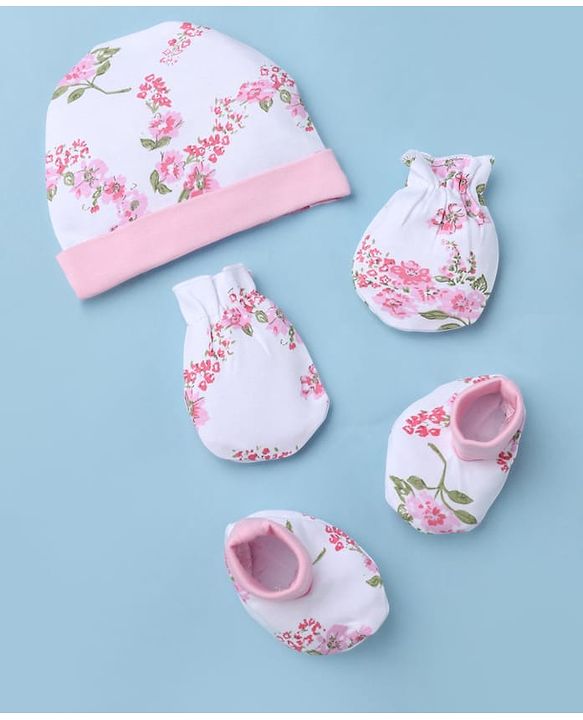 Babyhug 100% Cotton Interlock Knit Floral Printed Cap Mittens & Booties Set White Diameter - 16 cm
